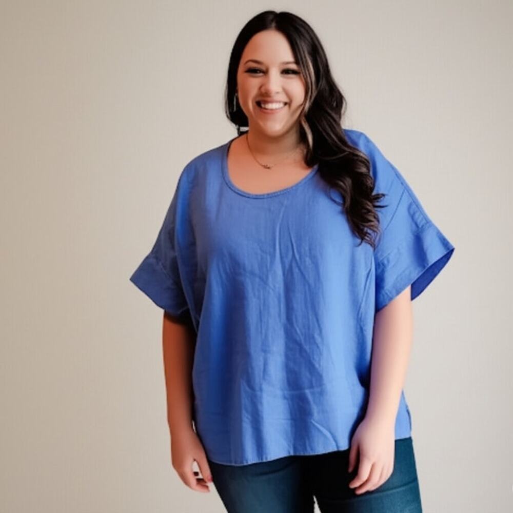 FLAX Designs Linen Top Womens 2G Blue Lagenlook Tunic Oversized Boho Shirt 24W